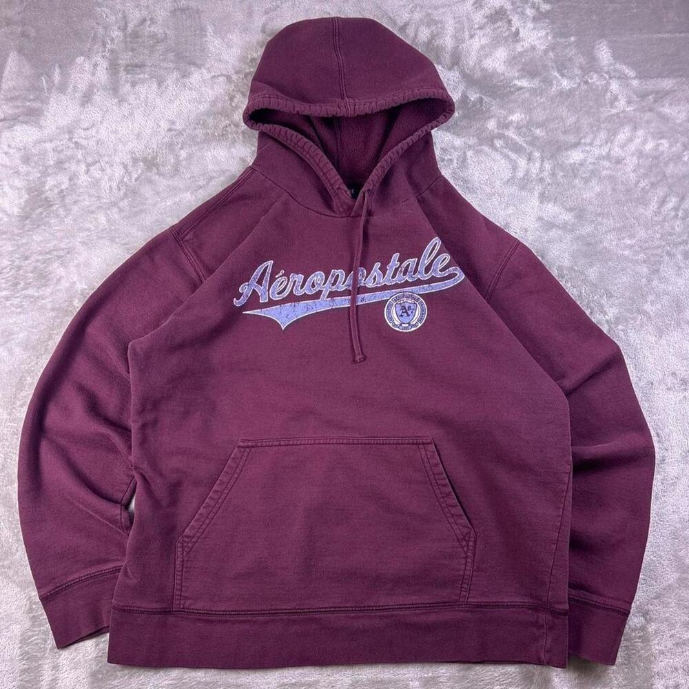 Y2K Aeropostale Hoodie Large Maroon Fleece Pullover Graphic Logo Sweatshirt